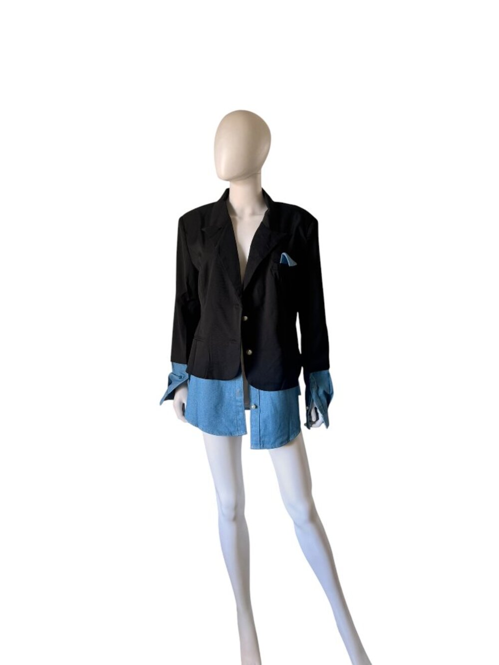 Micas Denim Notched Lapel Blazer Black Blue Large NEW